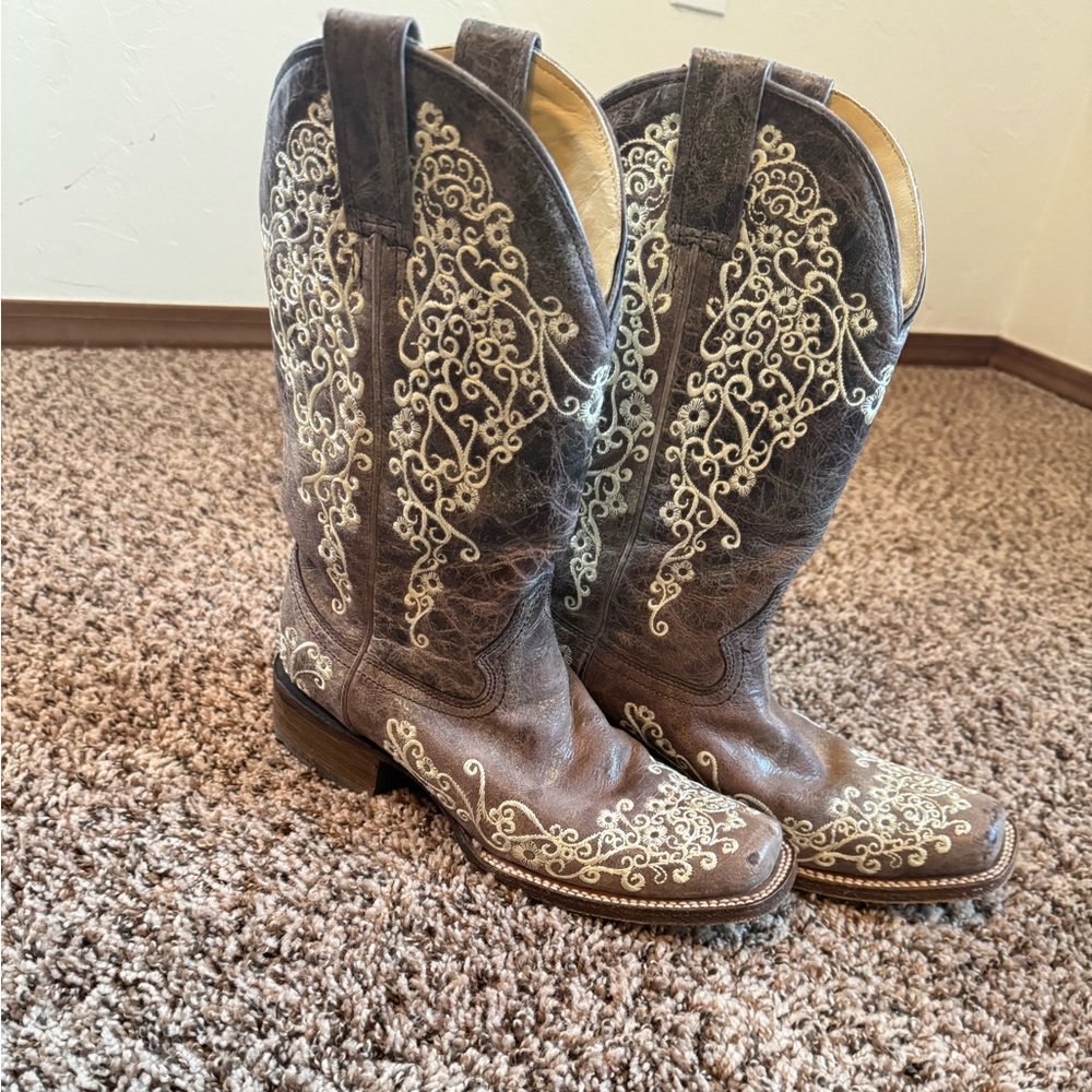 Corral Boots with Bone Embroidery - Square Toe